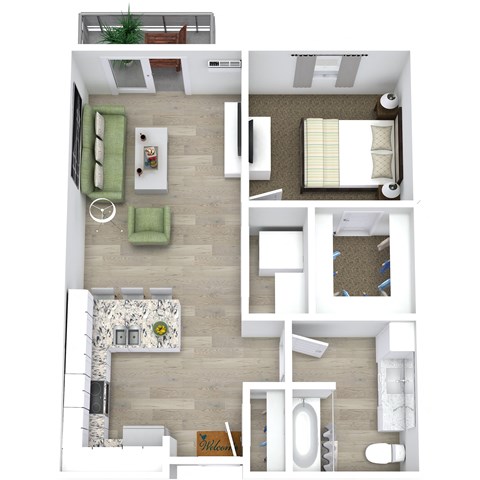 Floor plan for 1 bed, 1 bath, 769 sqft